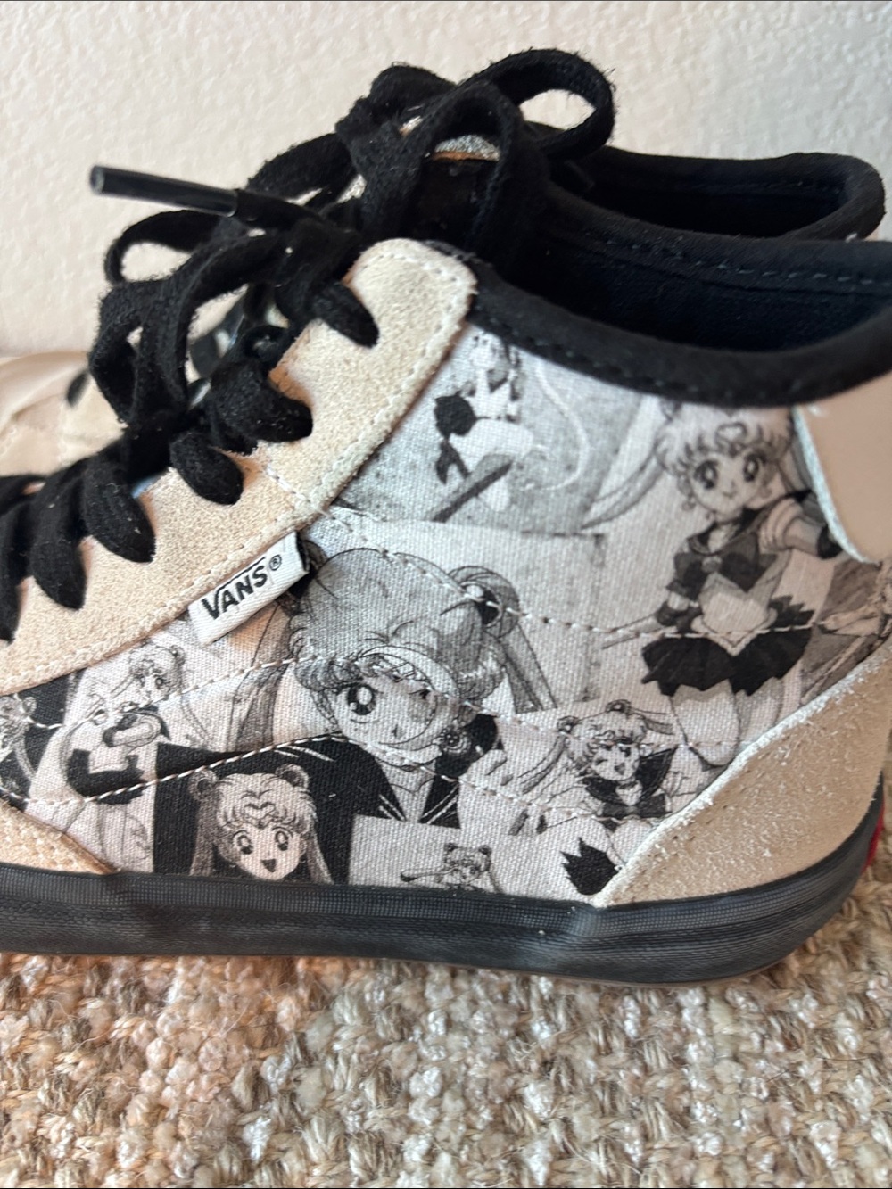 ⁠Vans x Sailor Moon The Lizzie High Top Skate Shoes Manga Print White Black